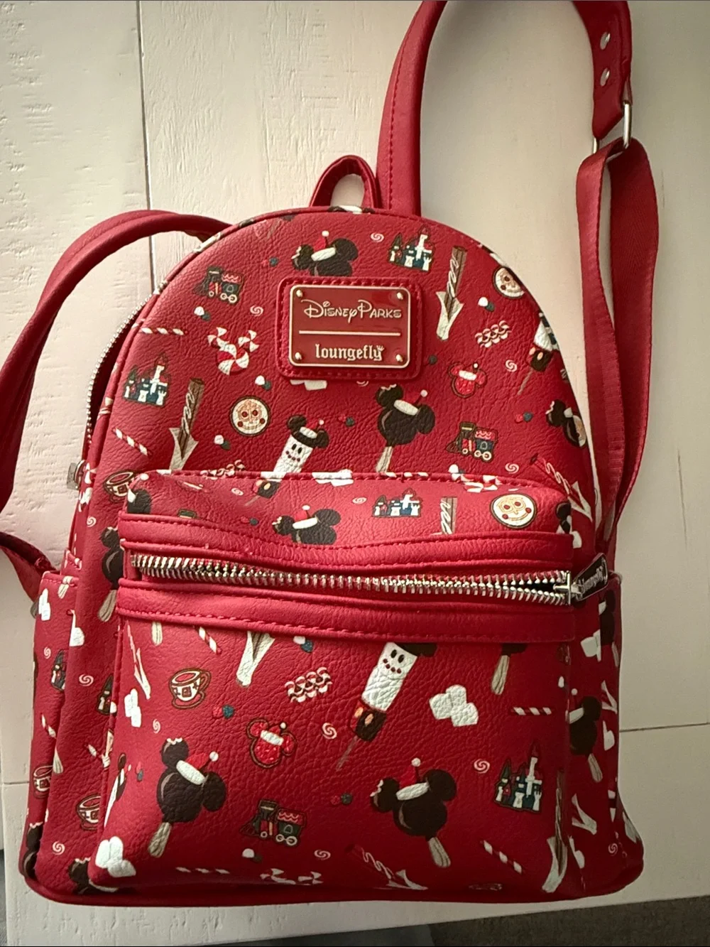 Loungefly Red Disney Parks Mini Backpack with Holiday Icons